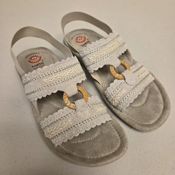 Earth Spirit  Womens Tan Leather Sandals SZ 8.5 Beaded Slingback Boho Hippie - Picture 1 of 10